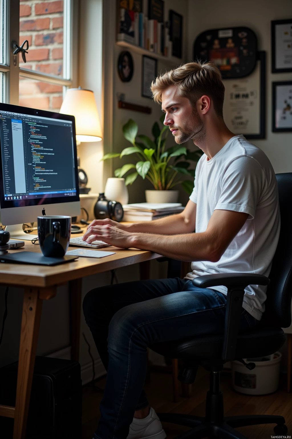 A person is sitting at a desk working on a computer in a cozy home office setting.