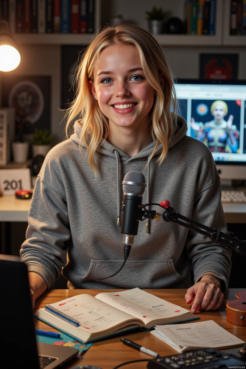 A person in a hoodie sits at a desk with a microphone, laptop, and open notebook.