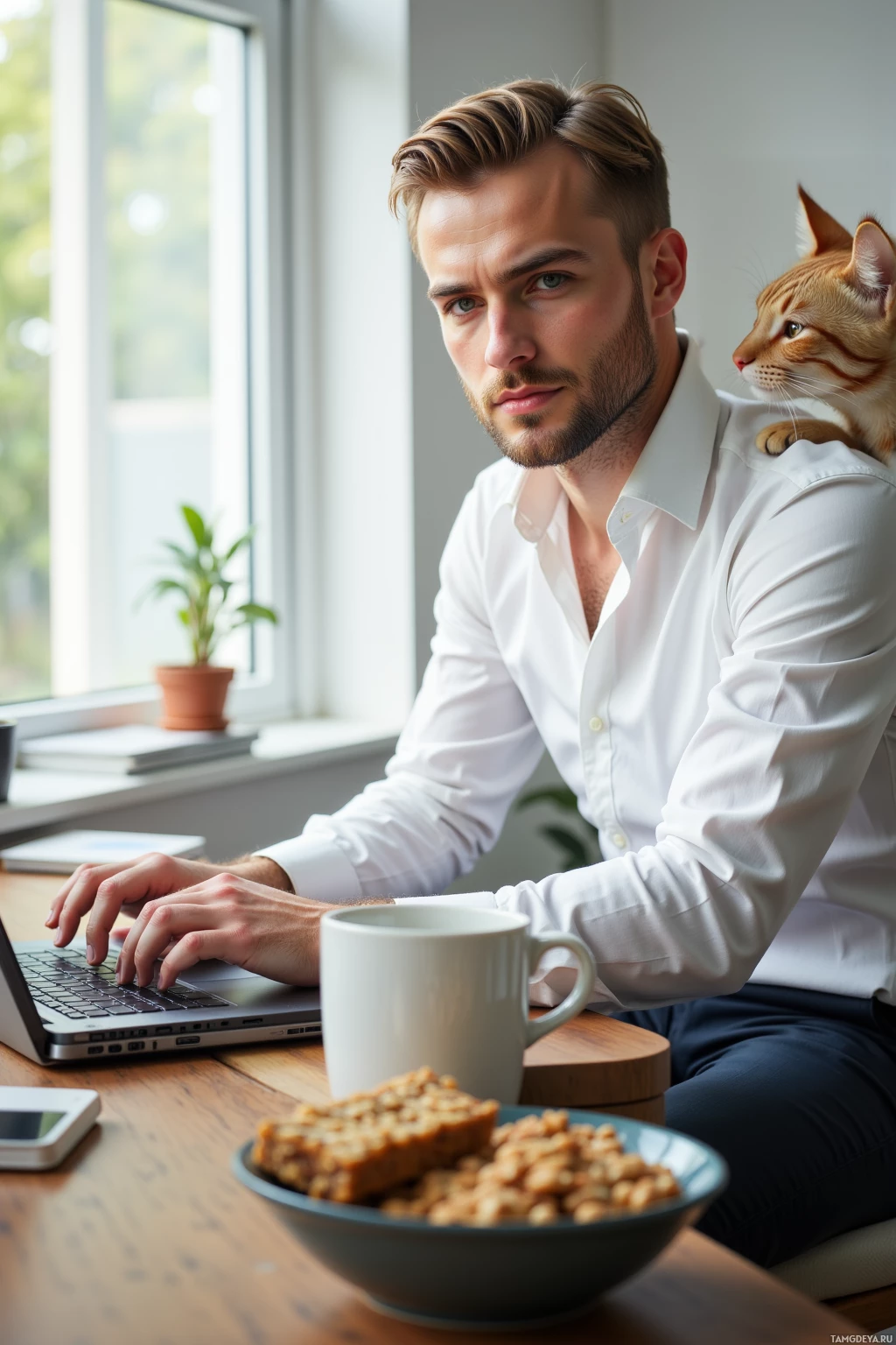 A man in a white shirt works on a laptop while a cat sits on his shoulder, with a cup of coffee and snacks nearby.