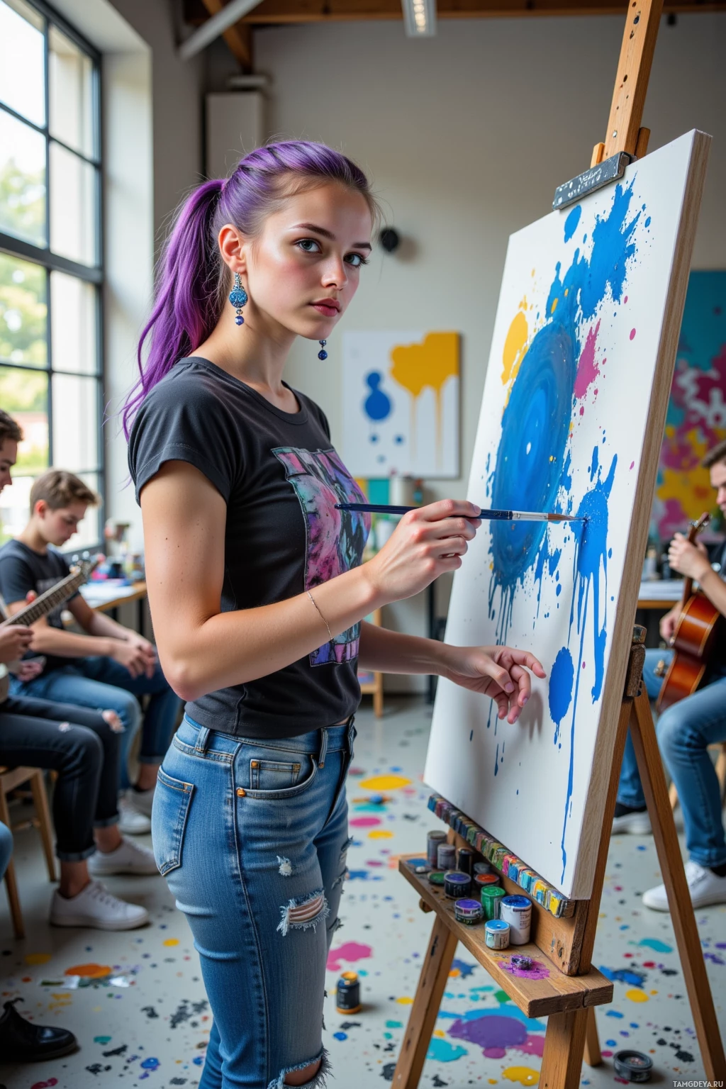 A young woman with purple hair paints on an easel in a classroom setting.