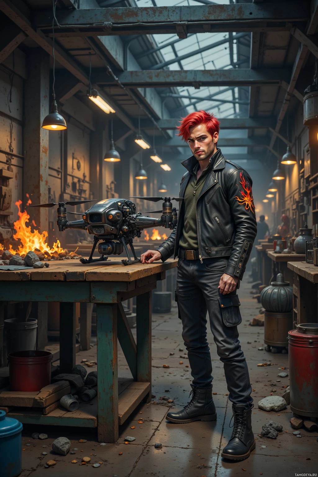 A man with red hair stands in a dimly lit workshop, leaning on a table with a drone.