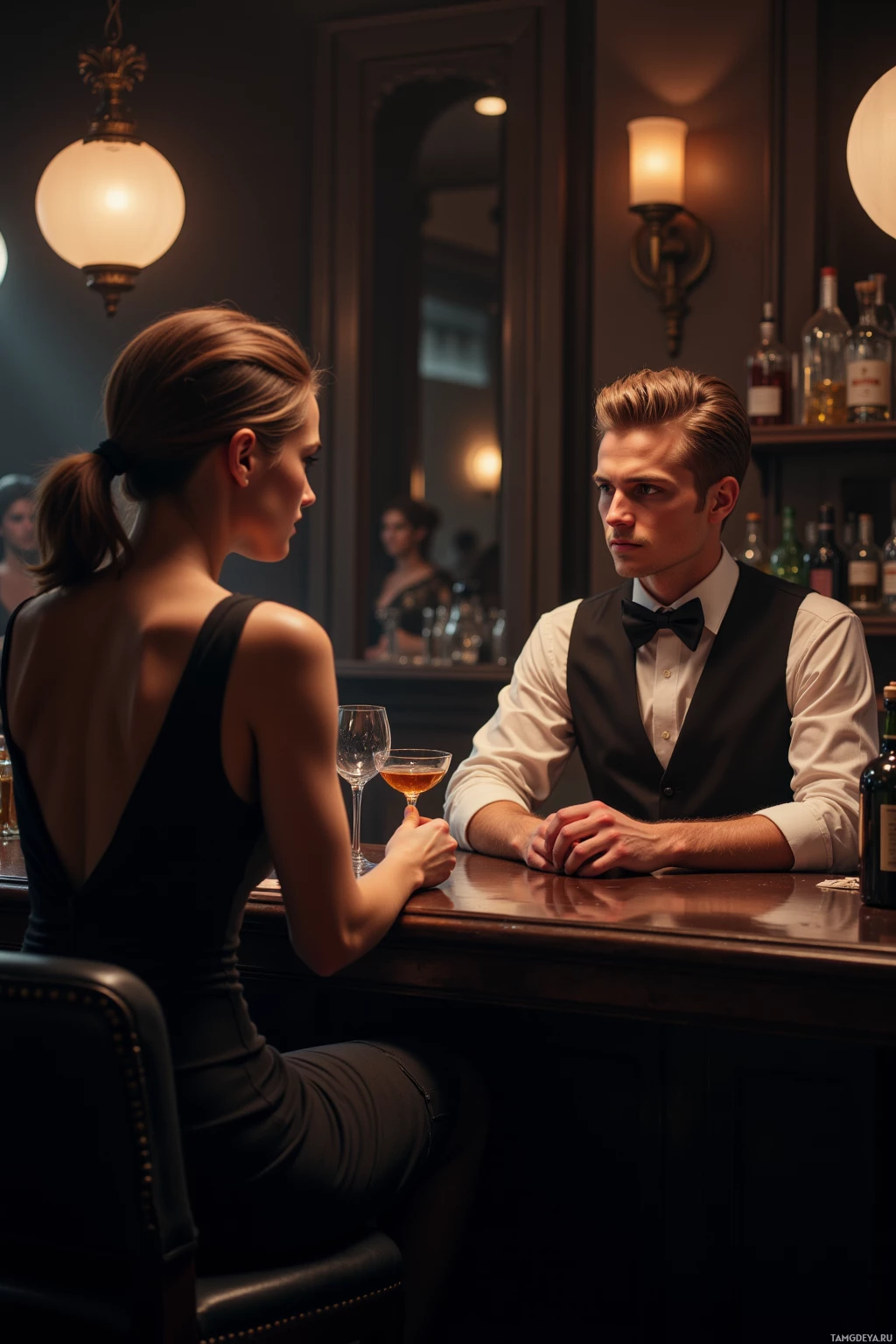 A man and a woman sit at a bar, holding hands and looking at each other.