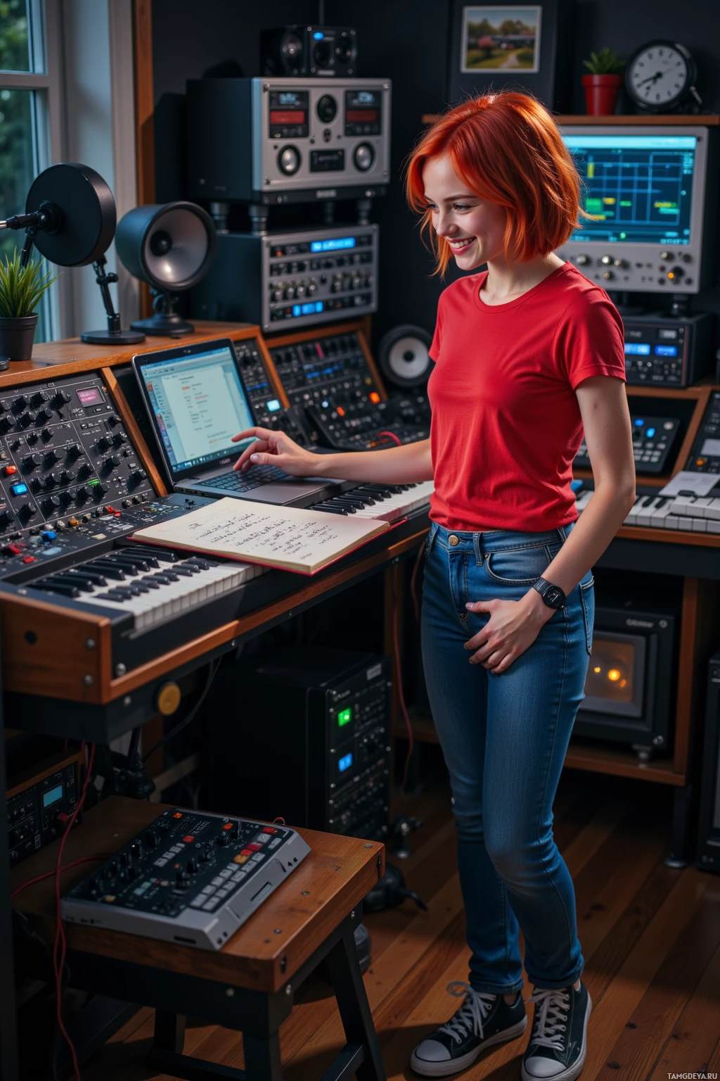 A person in a red shirt stands in a music studio with various audio equipment and a laptop.
