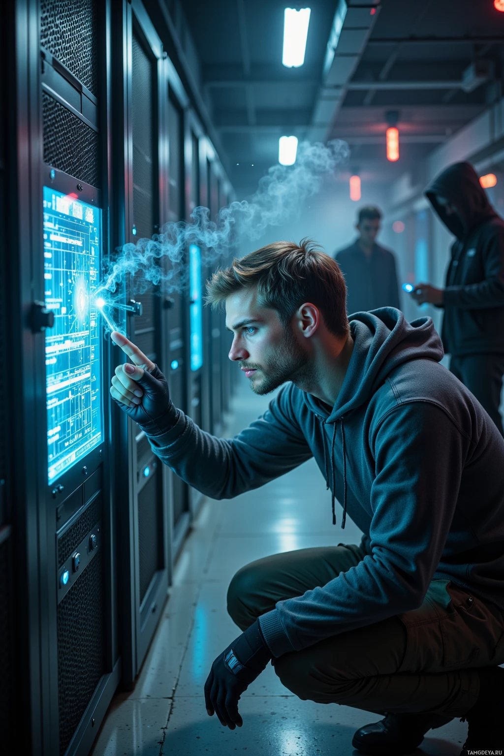 A man in a hoodie crouches in a server room, interacting with a glowing interface.