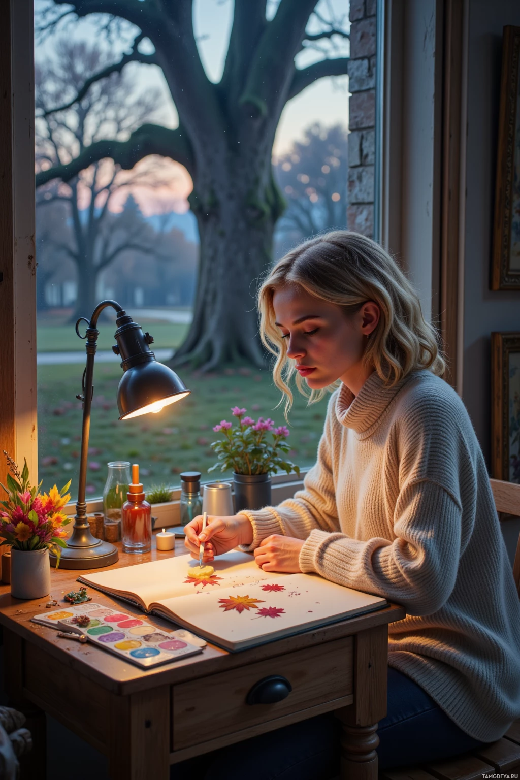 A woman is painting with watercolors at a desk by a window, surrounded by natural light and greenery.