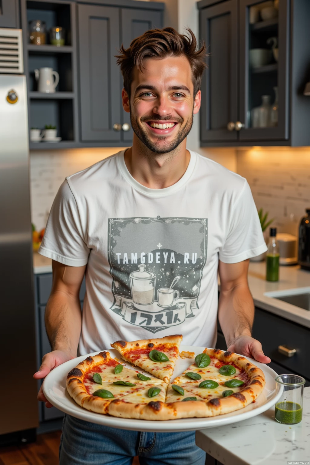 A man in a kitchen holds a plate of pizza with a smile.