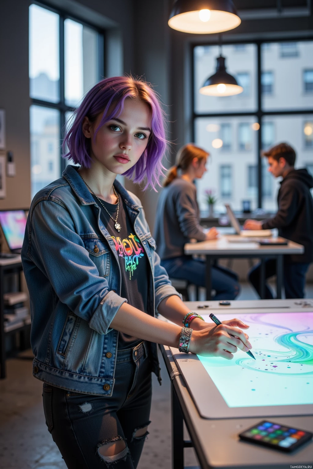 A young woman with purple hair stands in a modern office, holding a stylus and working on a digital drawing tablet.