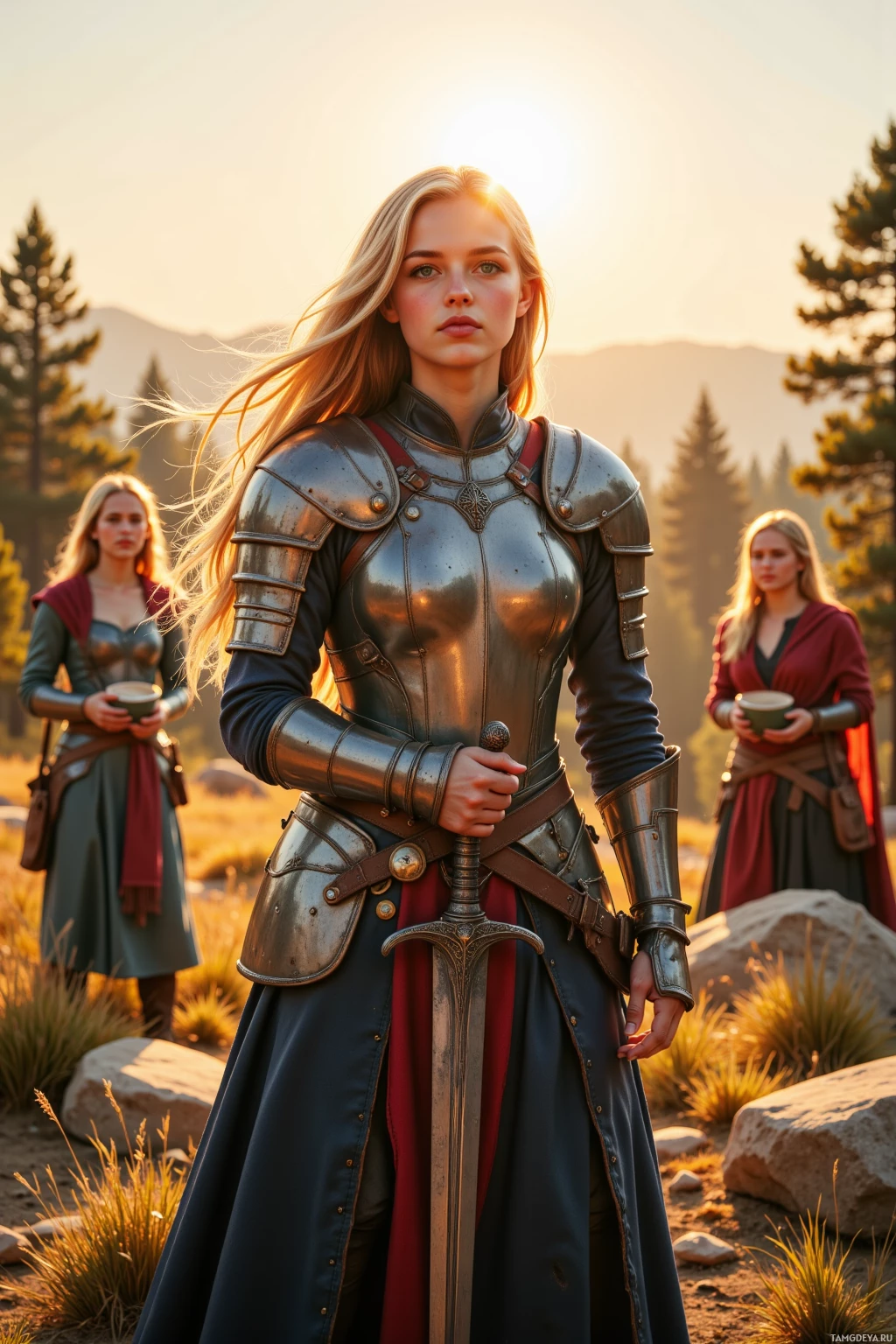 A woman in medieval armor stands in a field at sunset, holding a sword, with two others in the background.