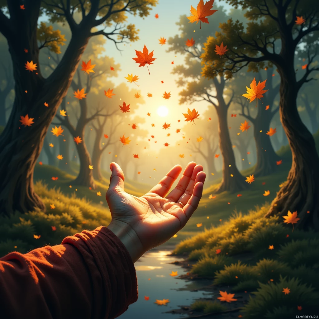 A hand reaches out towards falling autumn leaves in a serene forest setting.