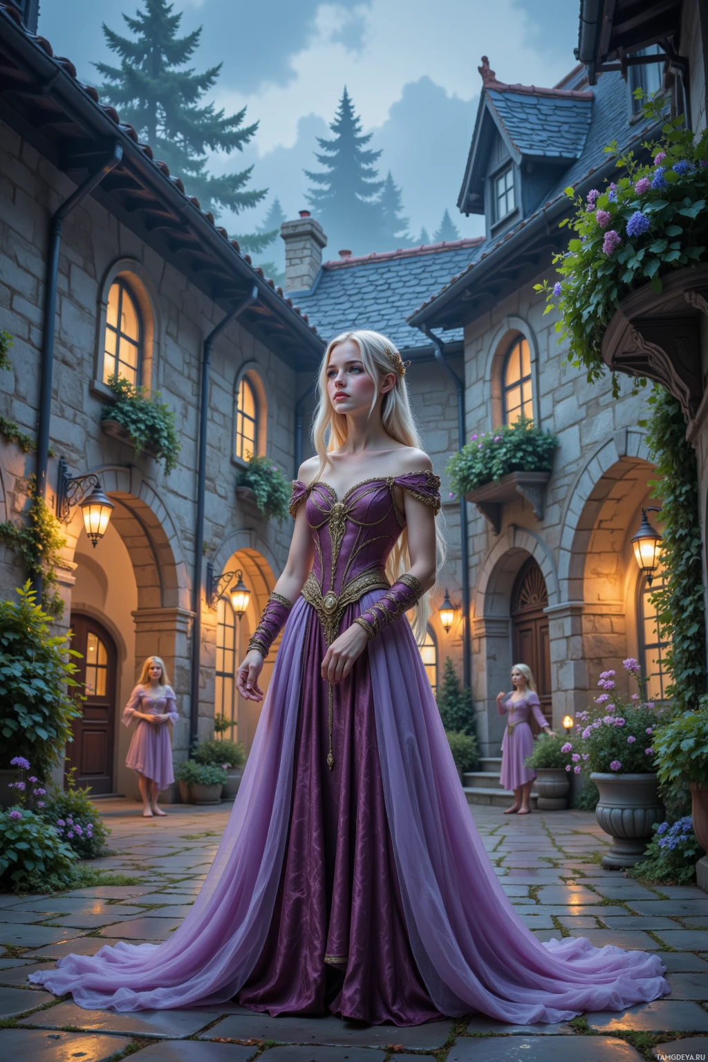 A woman in a purple gown stands in a courtyard with stone buildings and potted flowers.