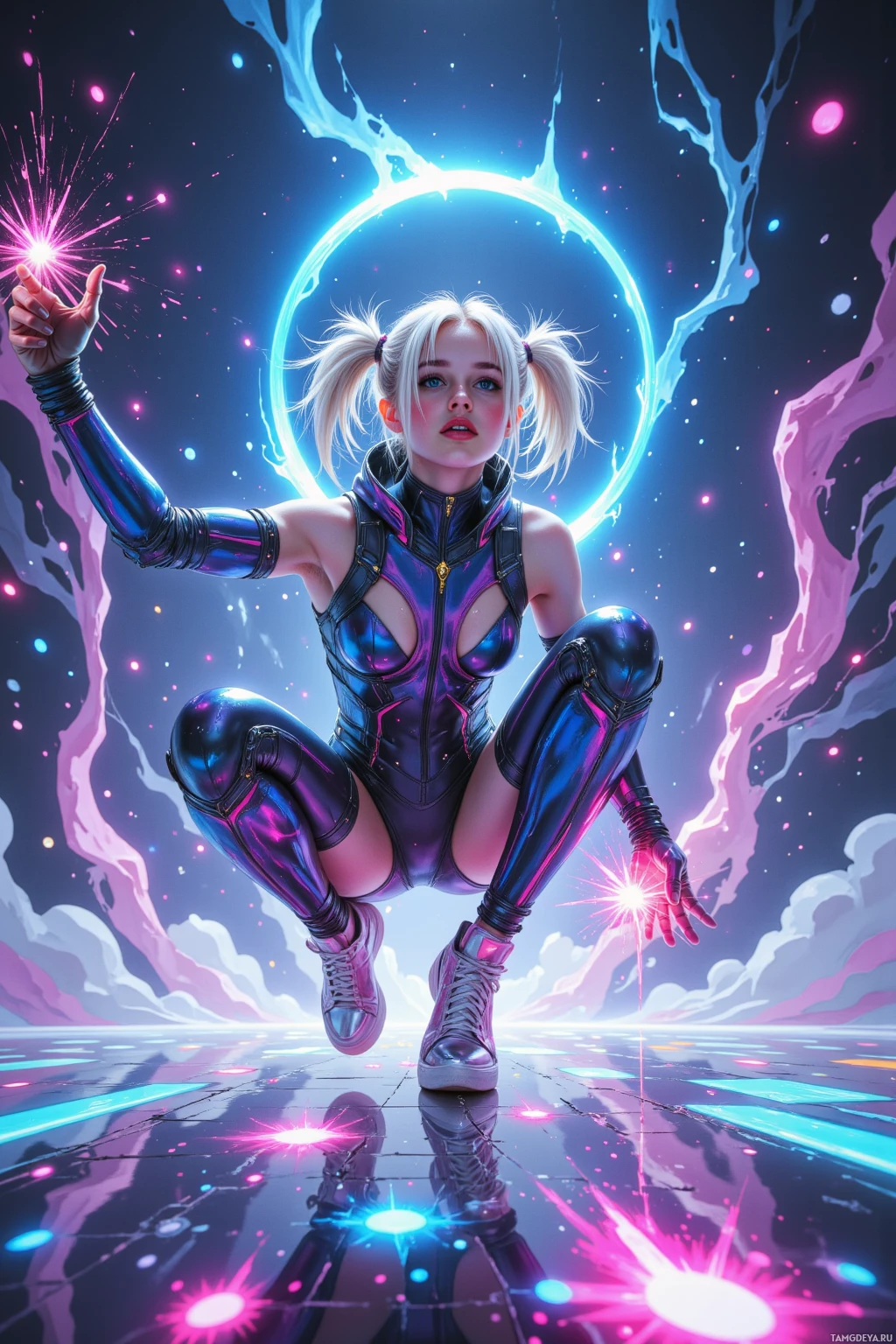 A futuristic character in a metallic outfit is crouching with glowing effects and a cosmic background.