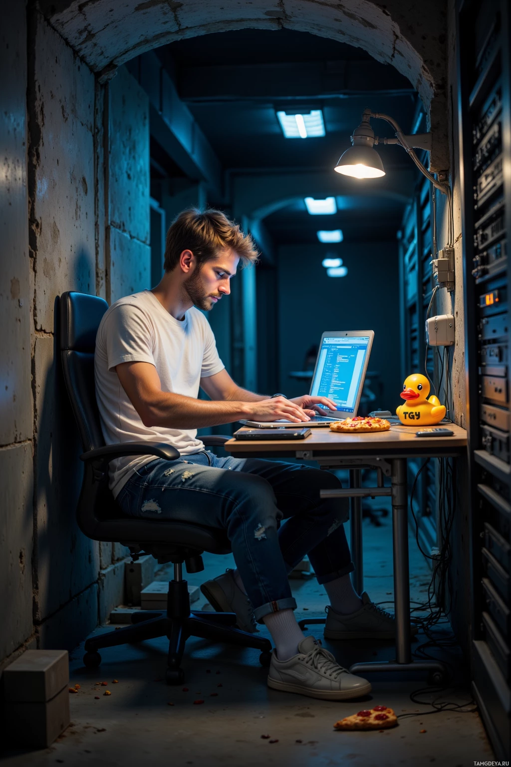 A man works on a laptop in a dimly lit, narrow corridor with a pizza and a rubber duck nearby.
