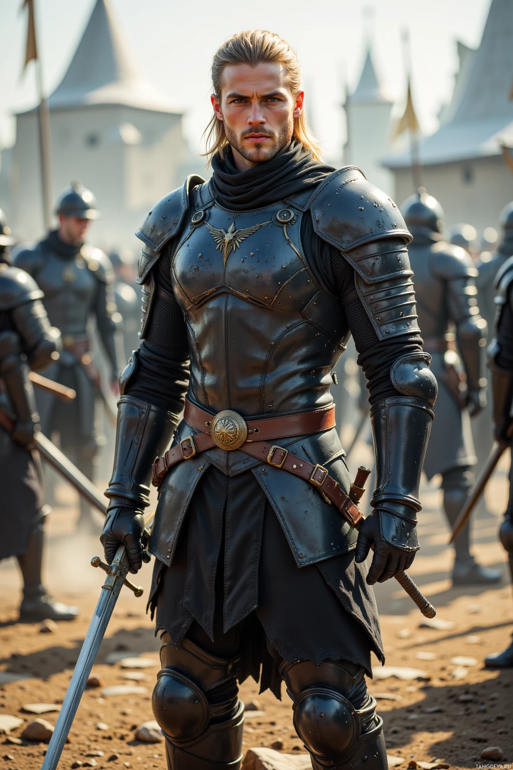 A knight in black armor stands with a sword, surrounded by other armored figures.
