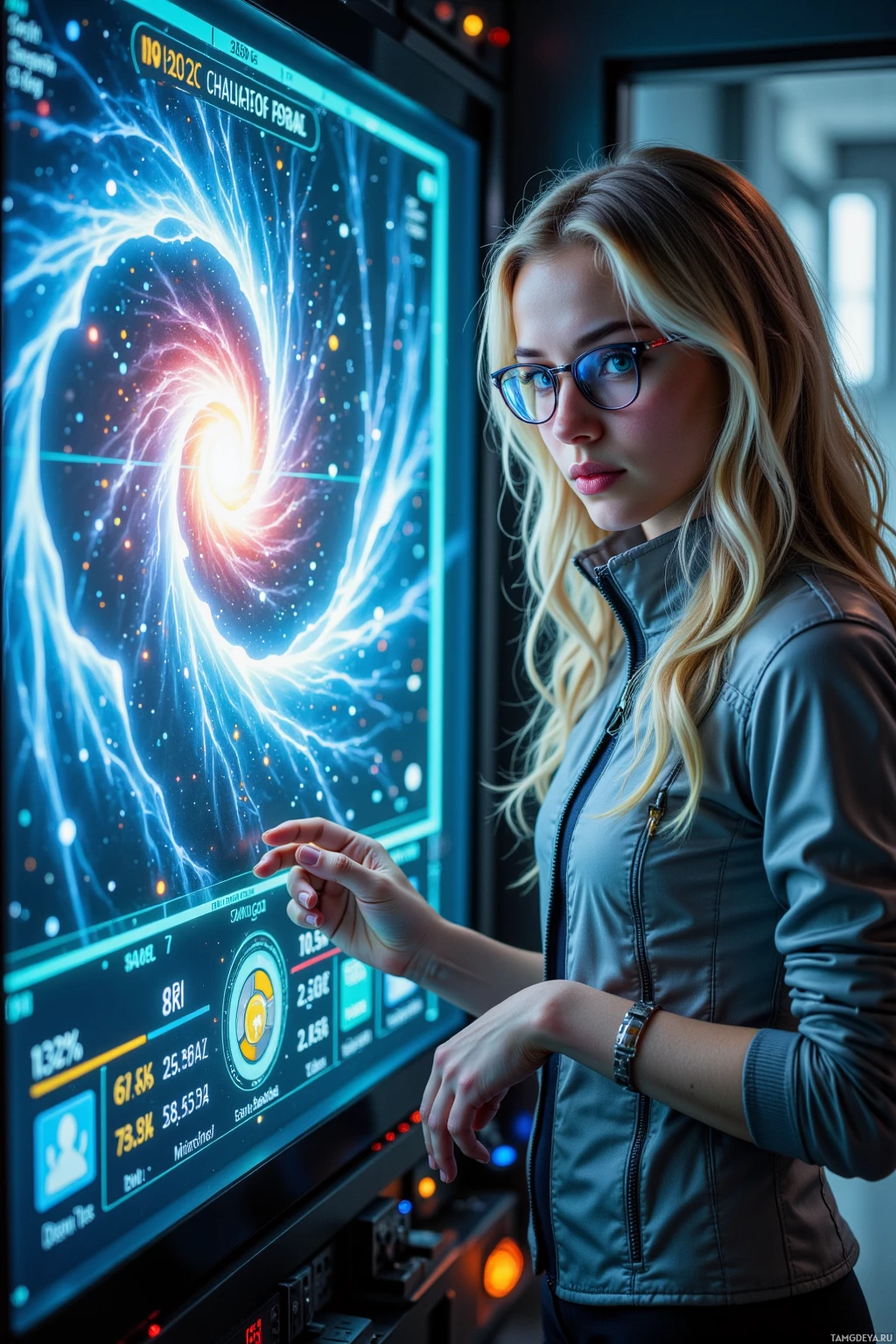 A person in a futuristic setting interacts with a large, detailed digital display.
