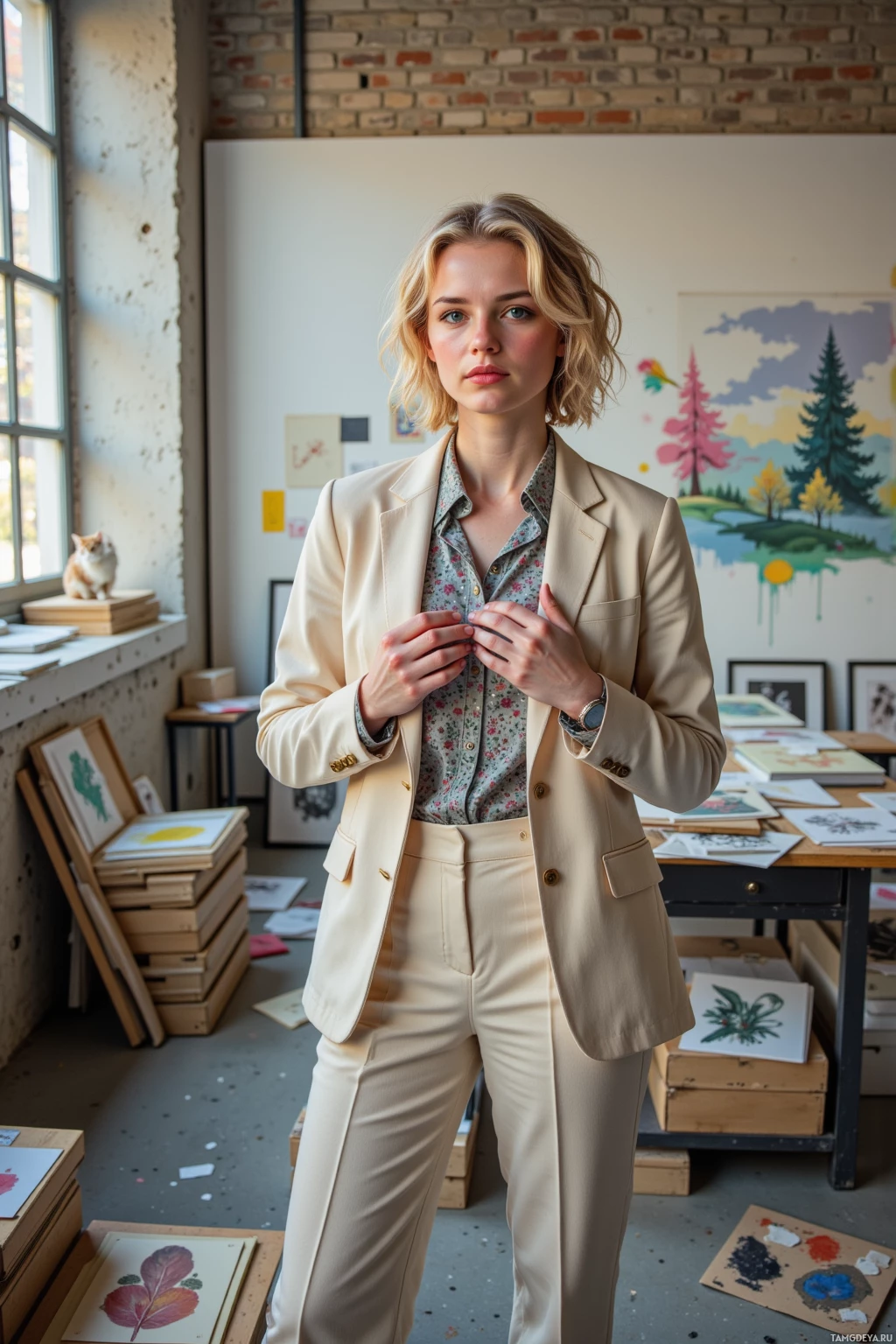 A woman in a beige suit stands in a room with artwork and a window.