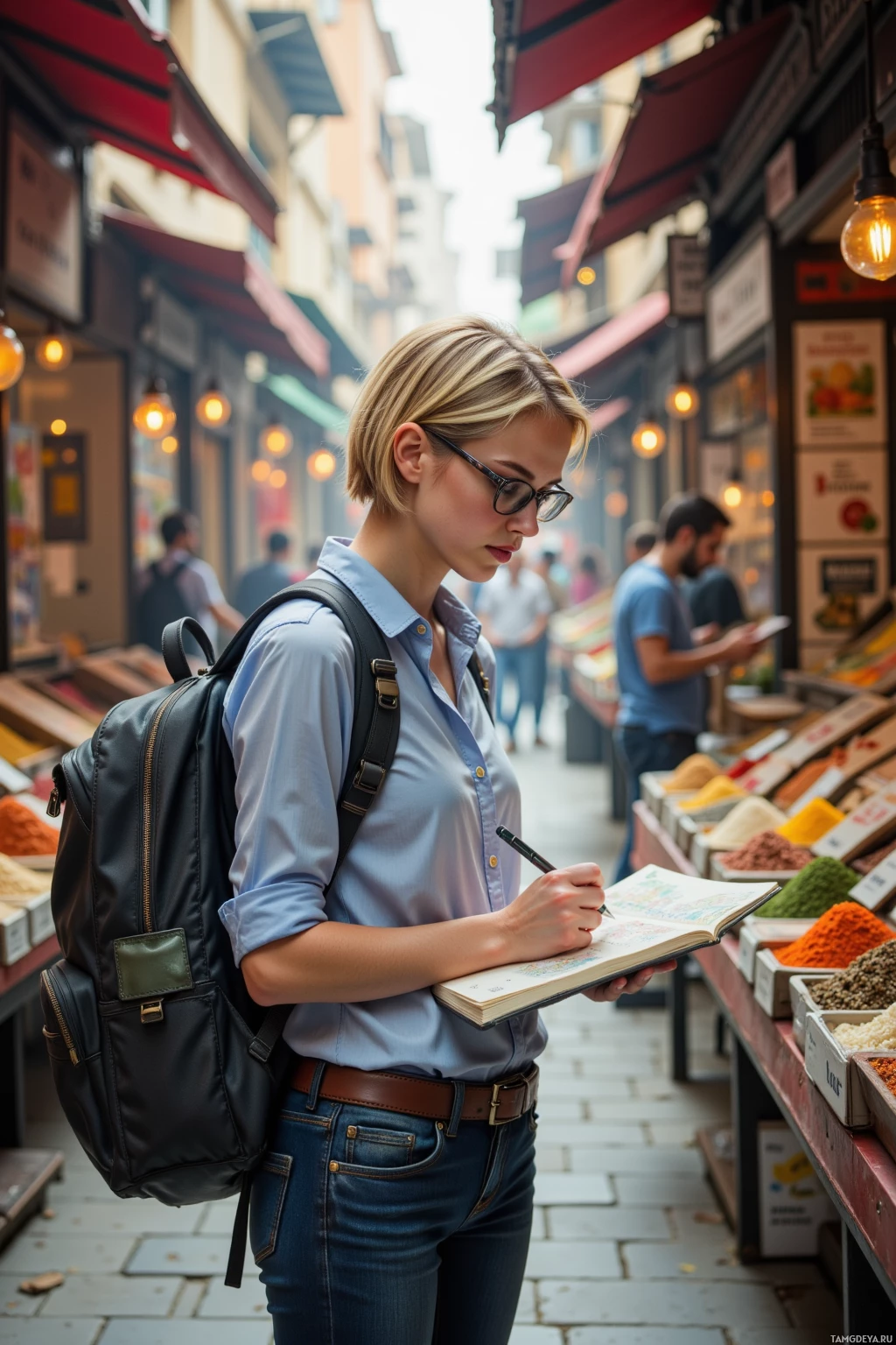 A woman with a backpack and notebook walks through a market street.