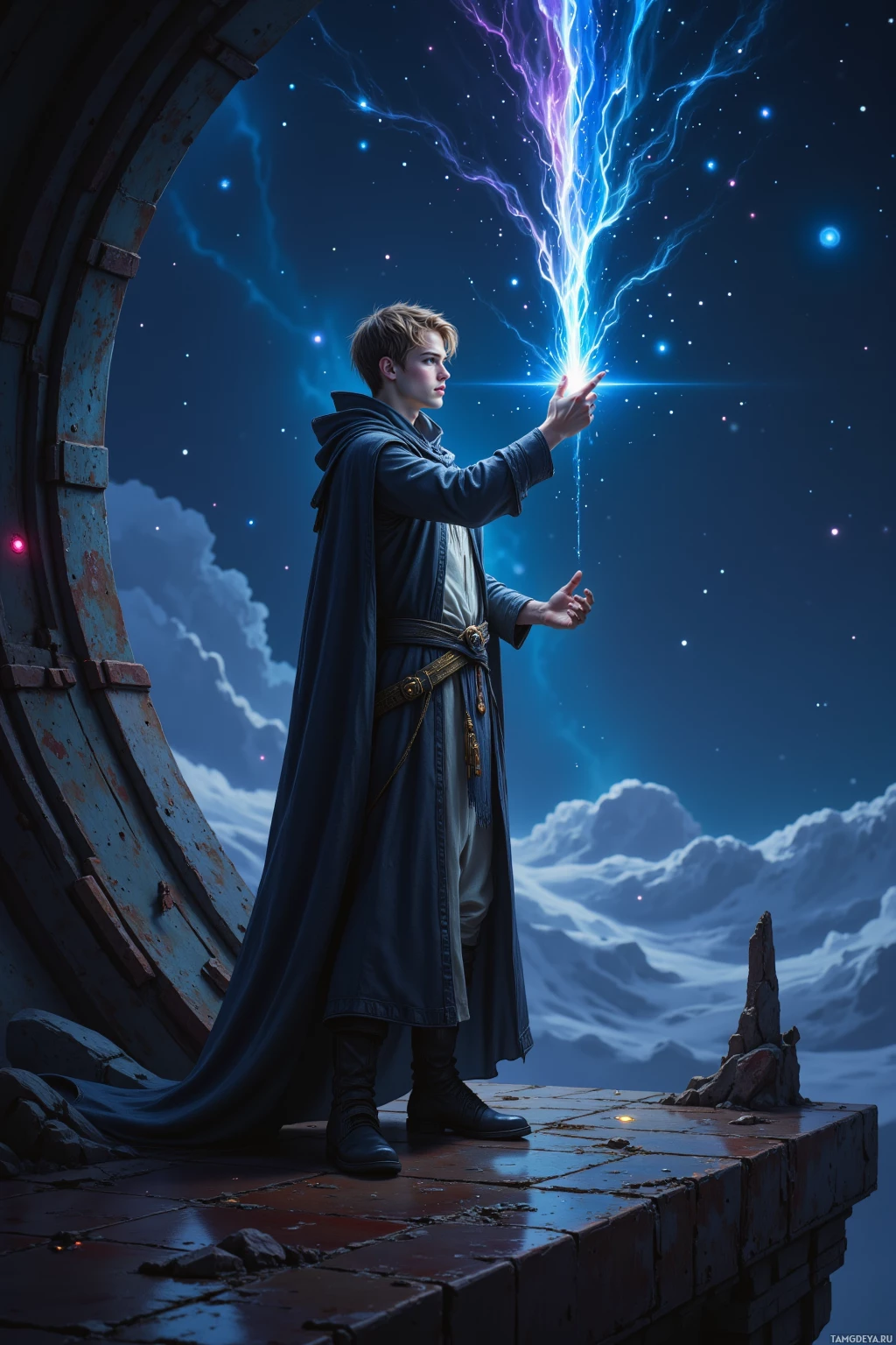 A young man in a dark robe stands on a stone platform, pointing towards a glowing blue and purple energy beam against a starry night sky.