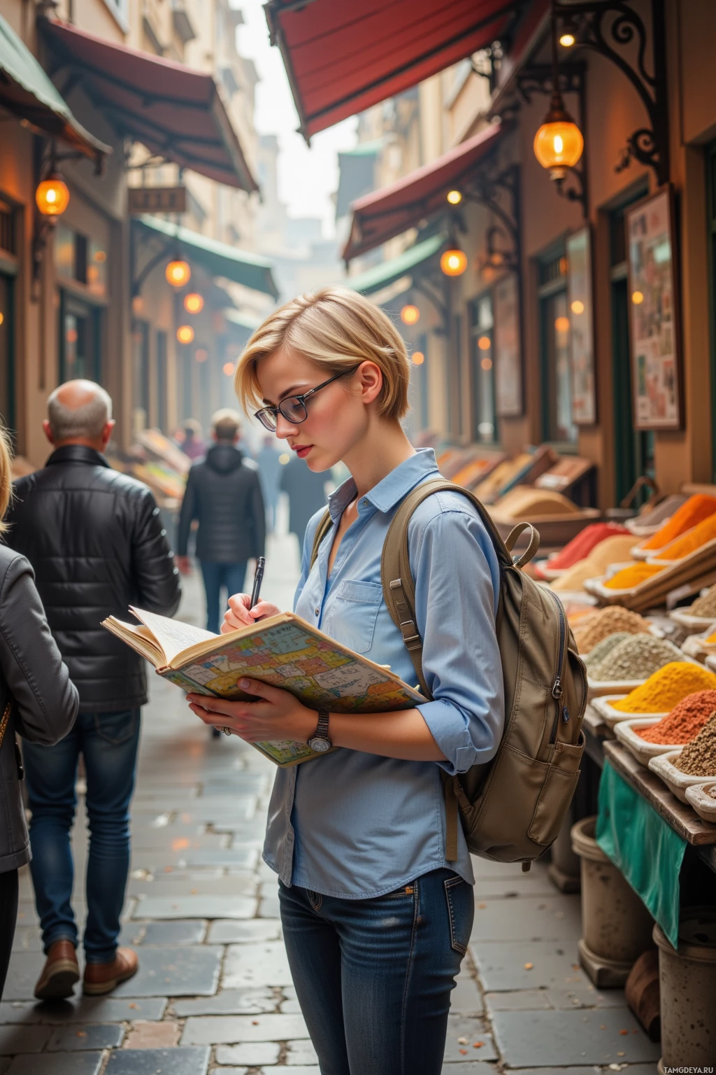 A person with a backpack and map walks through a bustling street market.