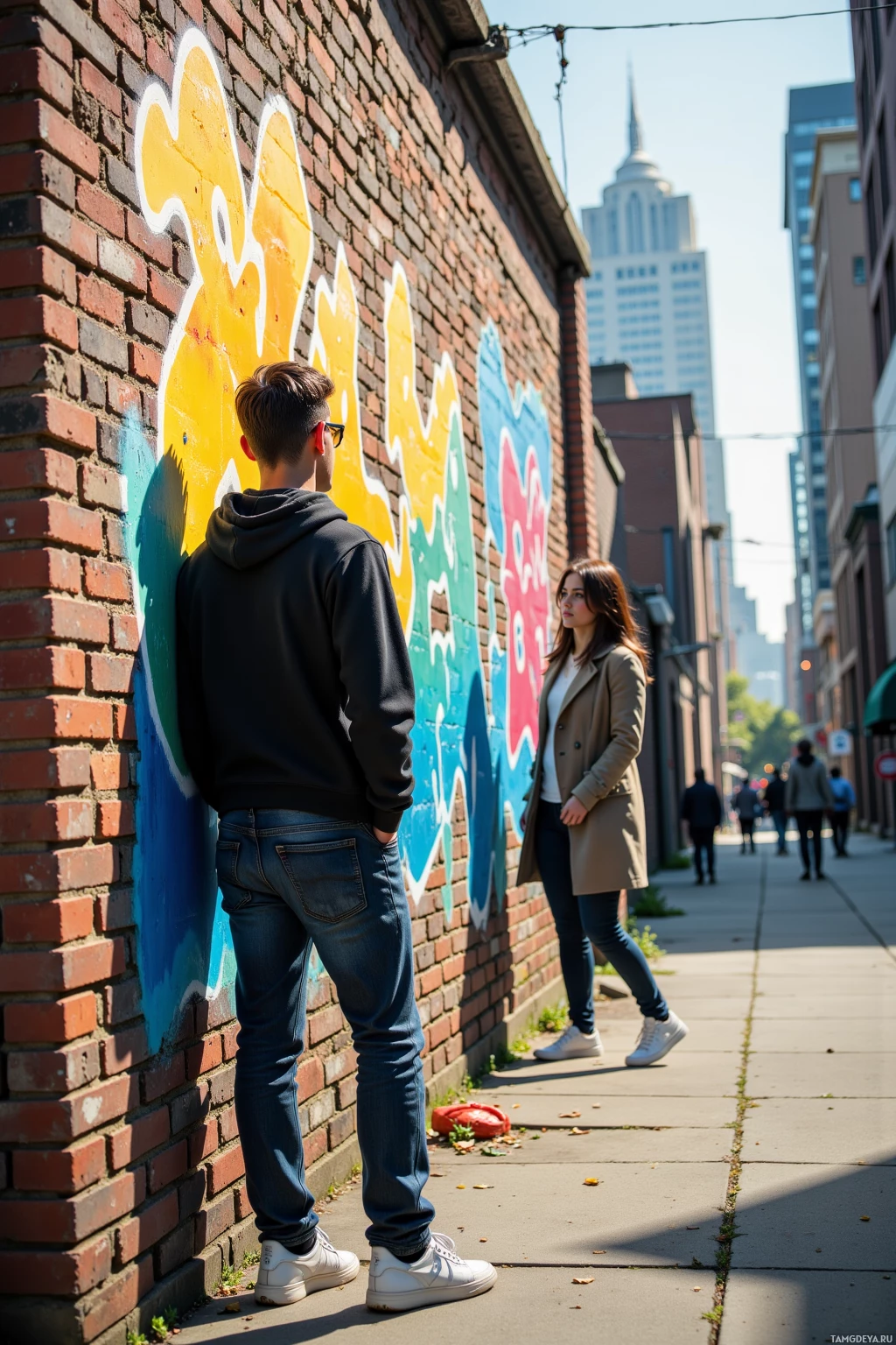 A man leans against a brick wall with graffiti, while a woman walks nearby on a city sidewalk.