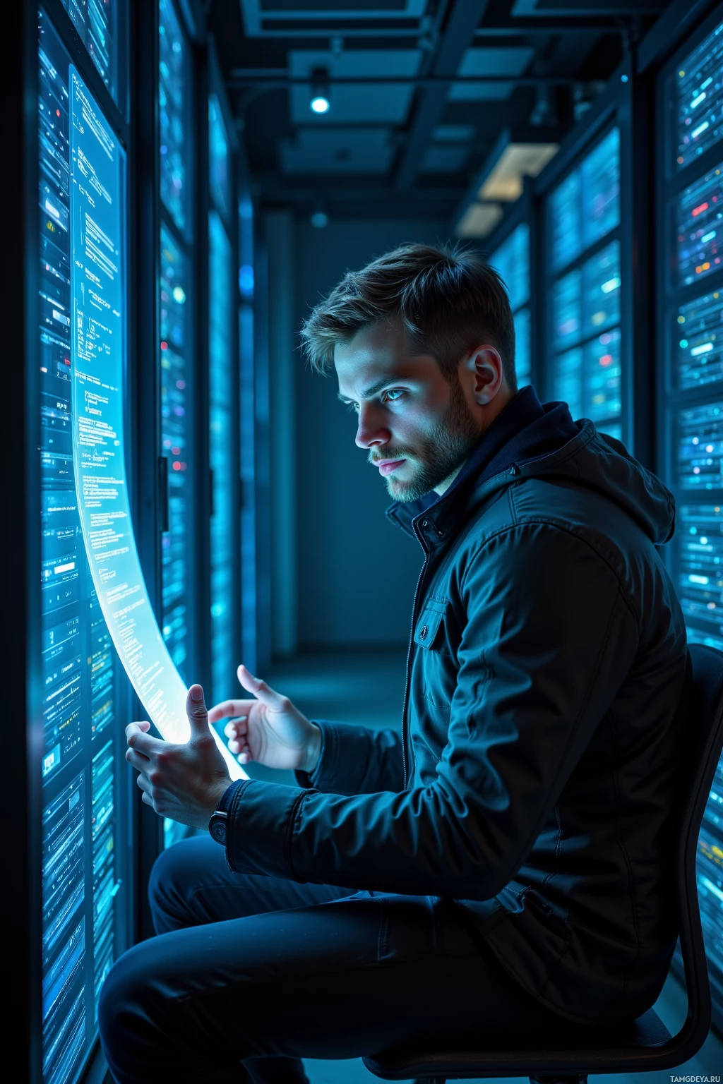 A man sits in a server room, illuminated by blue light, appearing focused.