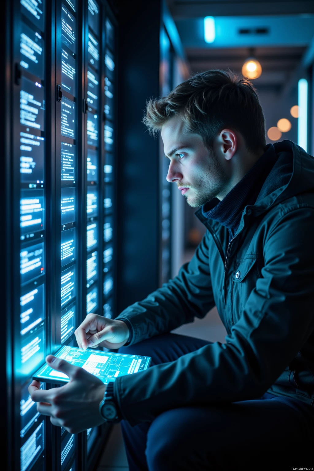 A man is seated in a dimly lit room, interacting with a large, illuminated server rack.