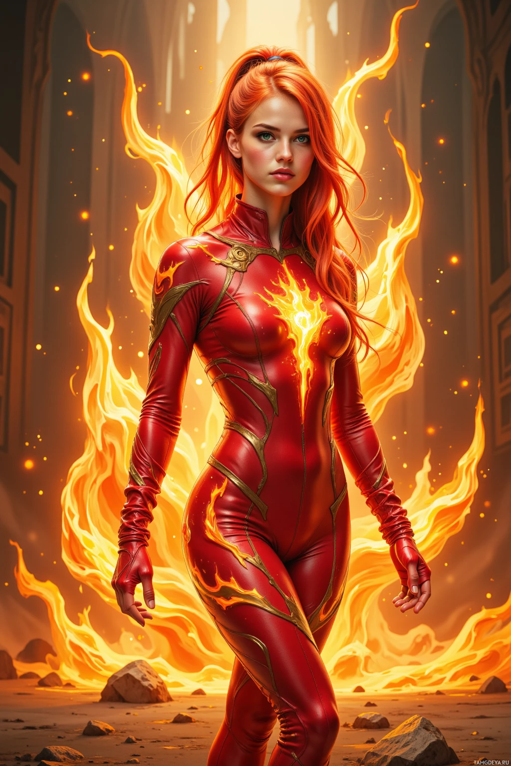 A fiery, armored figure stands amidst a glowing, dramatic landscape.