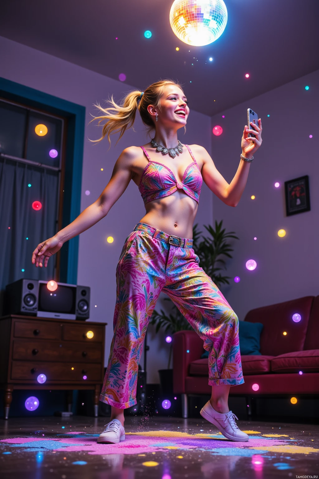 A woman dances joyfully in a vibrant, colorful room with disco lights.