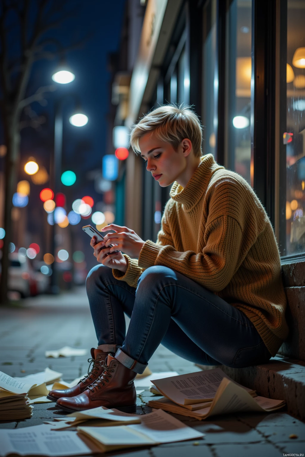 A person sits on a ledge at night, using a phone with papers scattered on the ground.