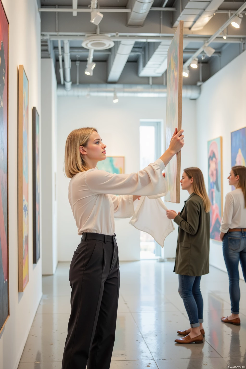 A woman in a gallery examines a painting while others observe in the background.