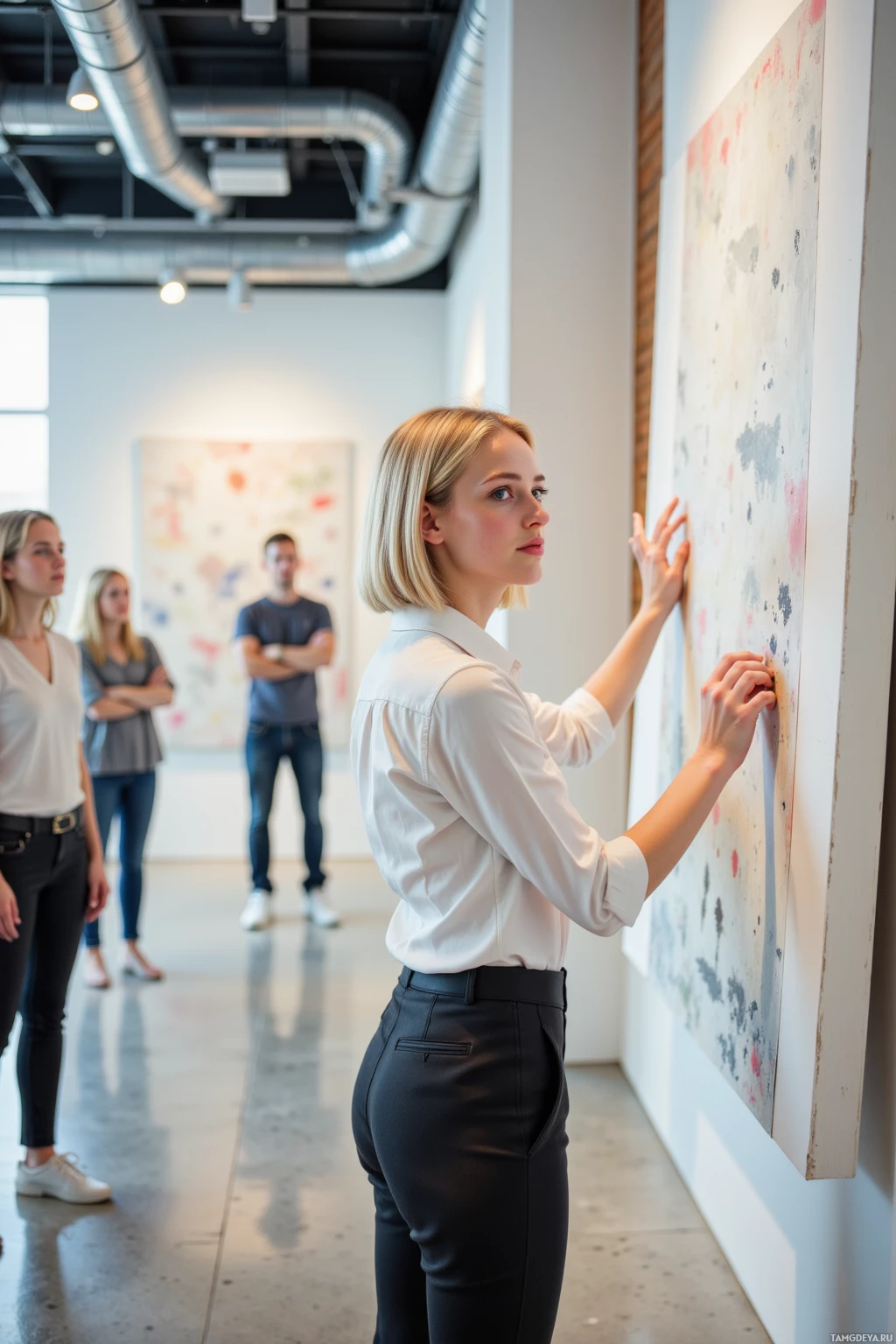 A woman in a white shirt and black pants stands in an art gallery, examining a painting.