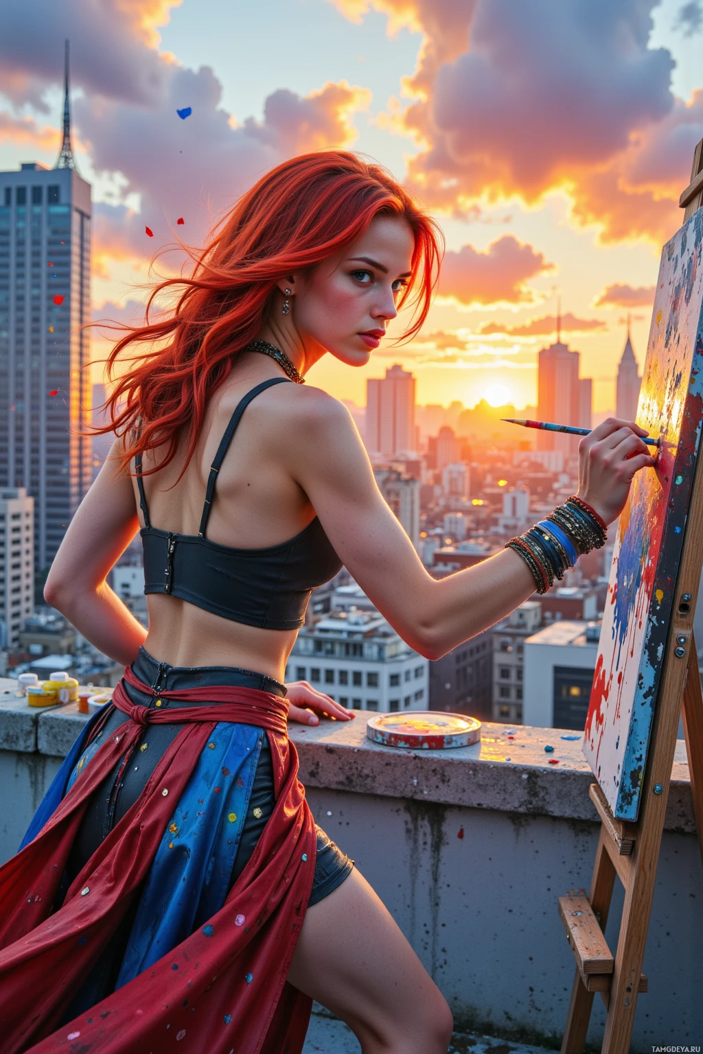 A woman paints on an easel atop a rooftop with a cityscape and sunset in the background.