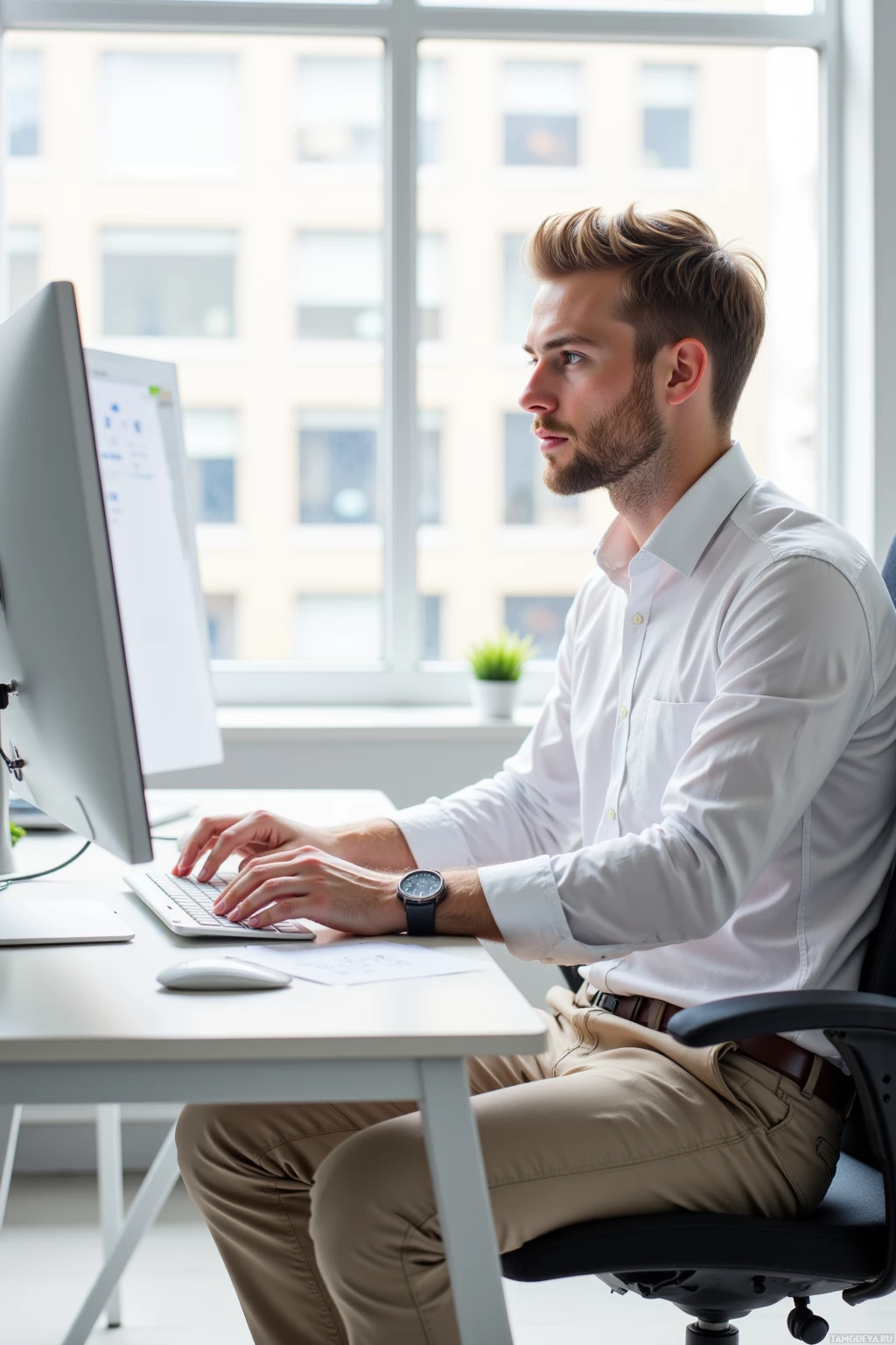 A man in a white shirt works at a computer in a bright office setting.