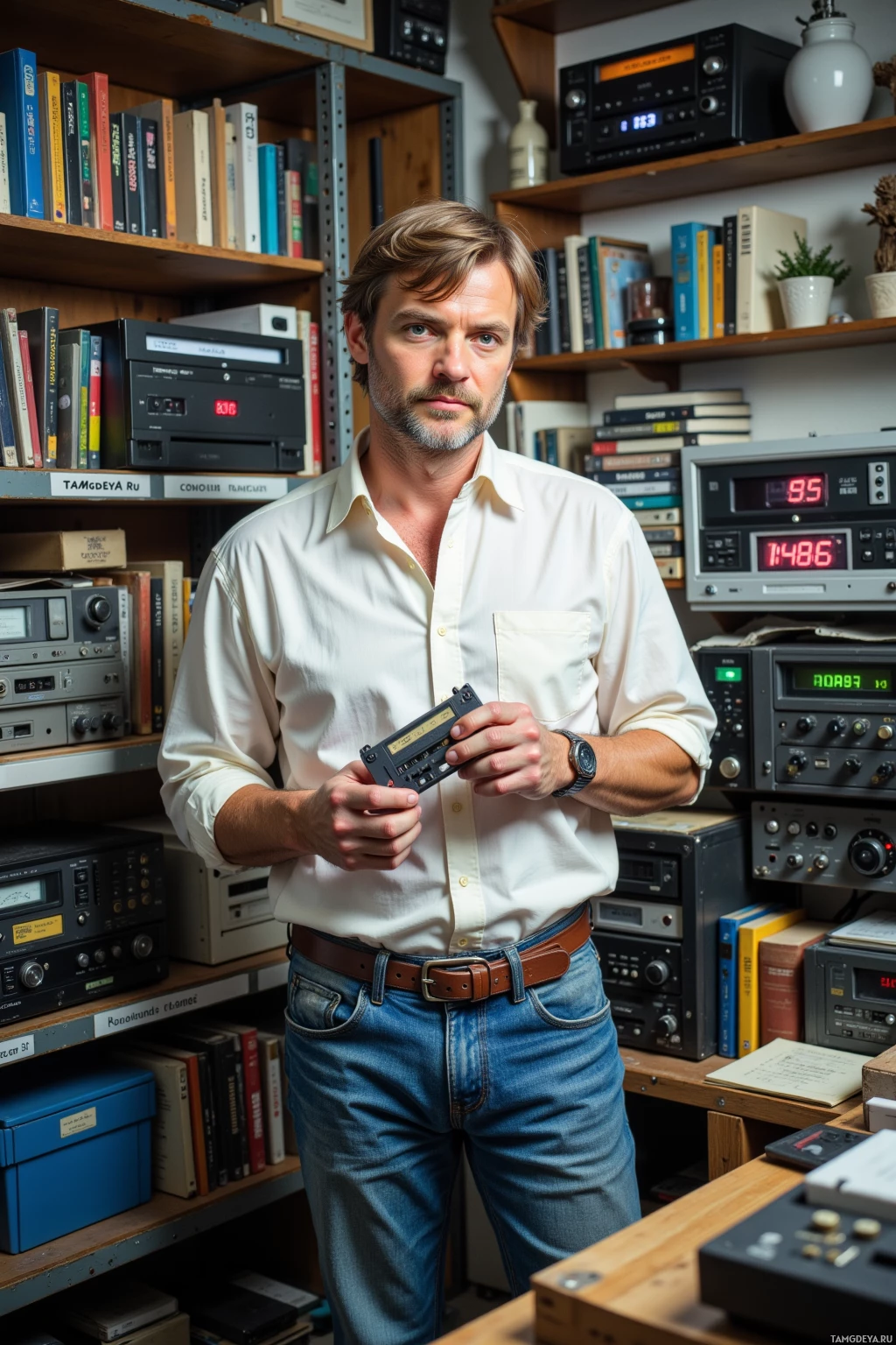 A man stands in a room filled with books and electronic equipment, holding a small device.