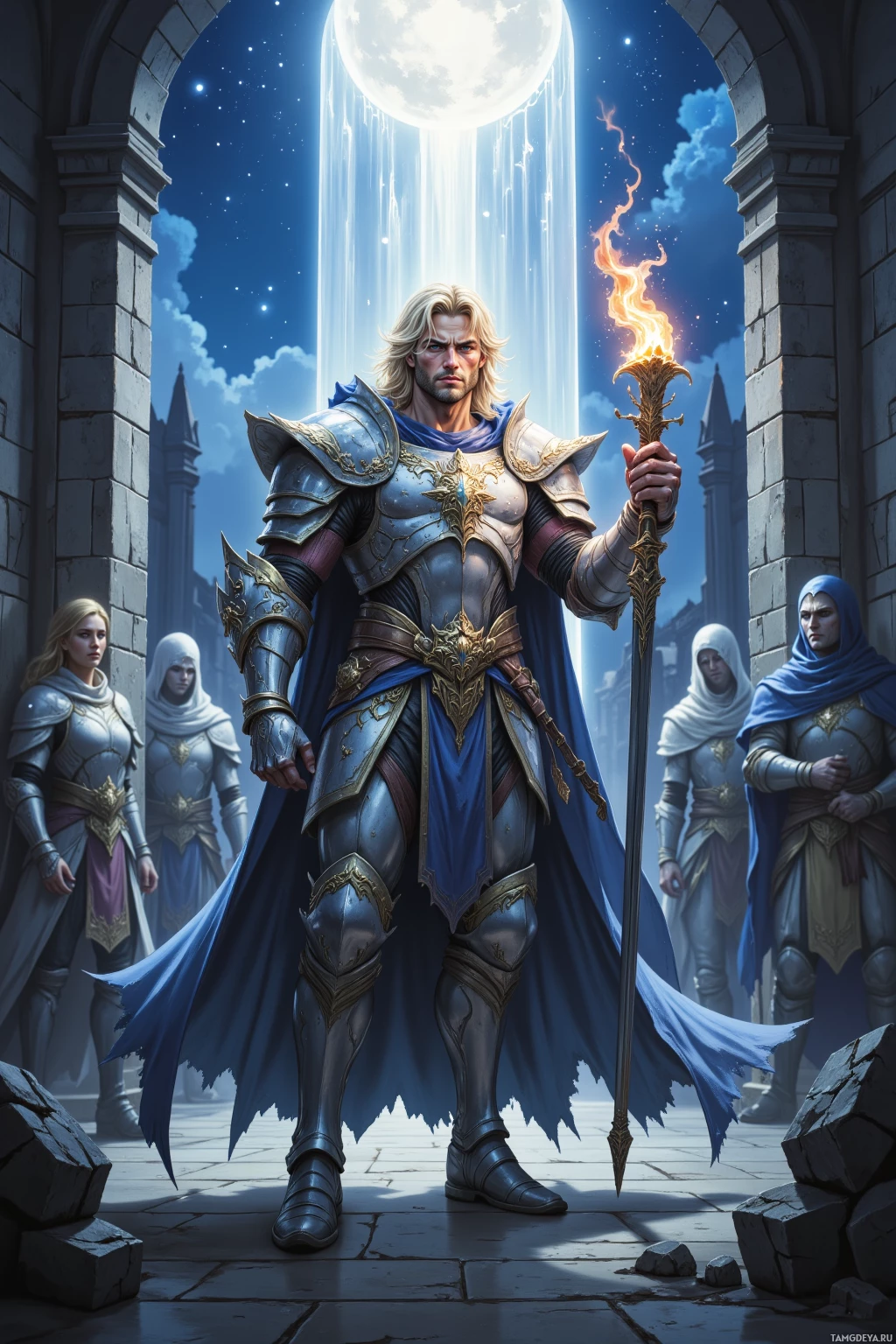 A knight in ornate armor stands under a glowing moon, holding a flaming staff, with two attendants in the background.