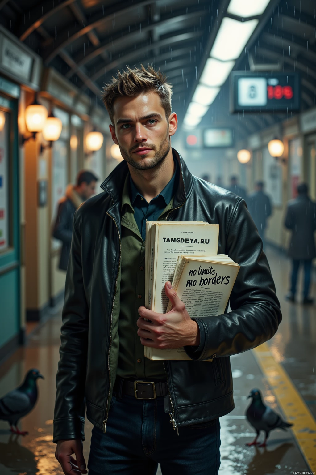 A man stands in a rainy subway station holding a book.