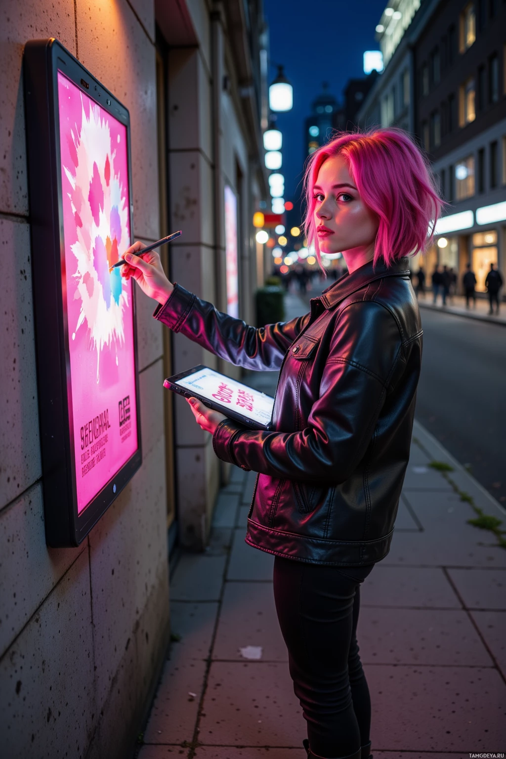 A person with pink hair stands on a city street at night, holding a tablet and interacting with a large screen.