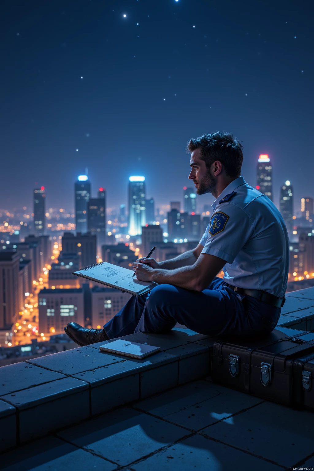 A man in a uniform sits on a rooftop at night, sketching with a cityscape in the background.