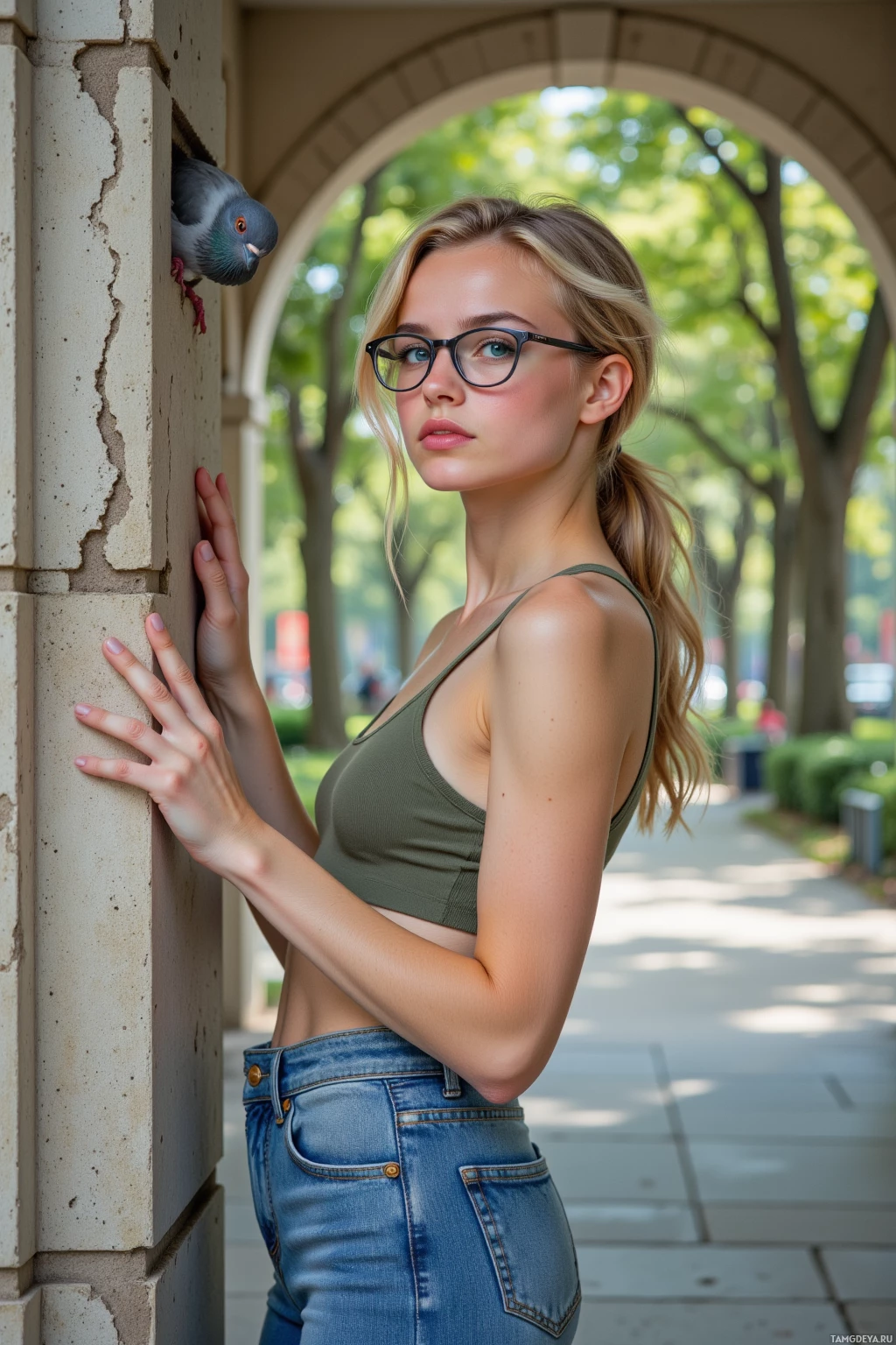 A woman in a green top and jeans stands near a stone pillar with a pigeon perched on it.