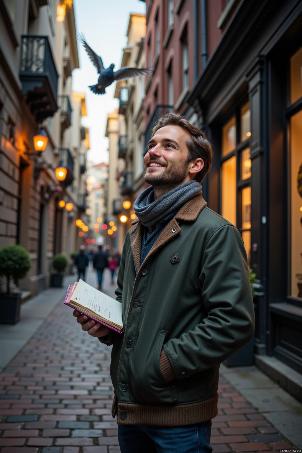 A man in a green jacket and scarf stands on a cobblestone street, holding an open book, with a pigeon flying above.