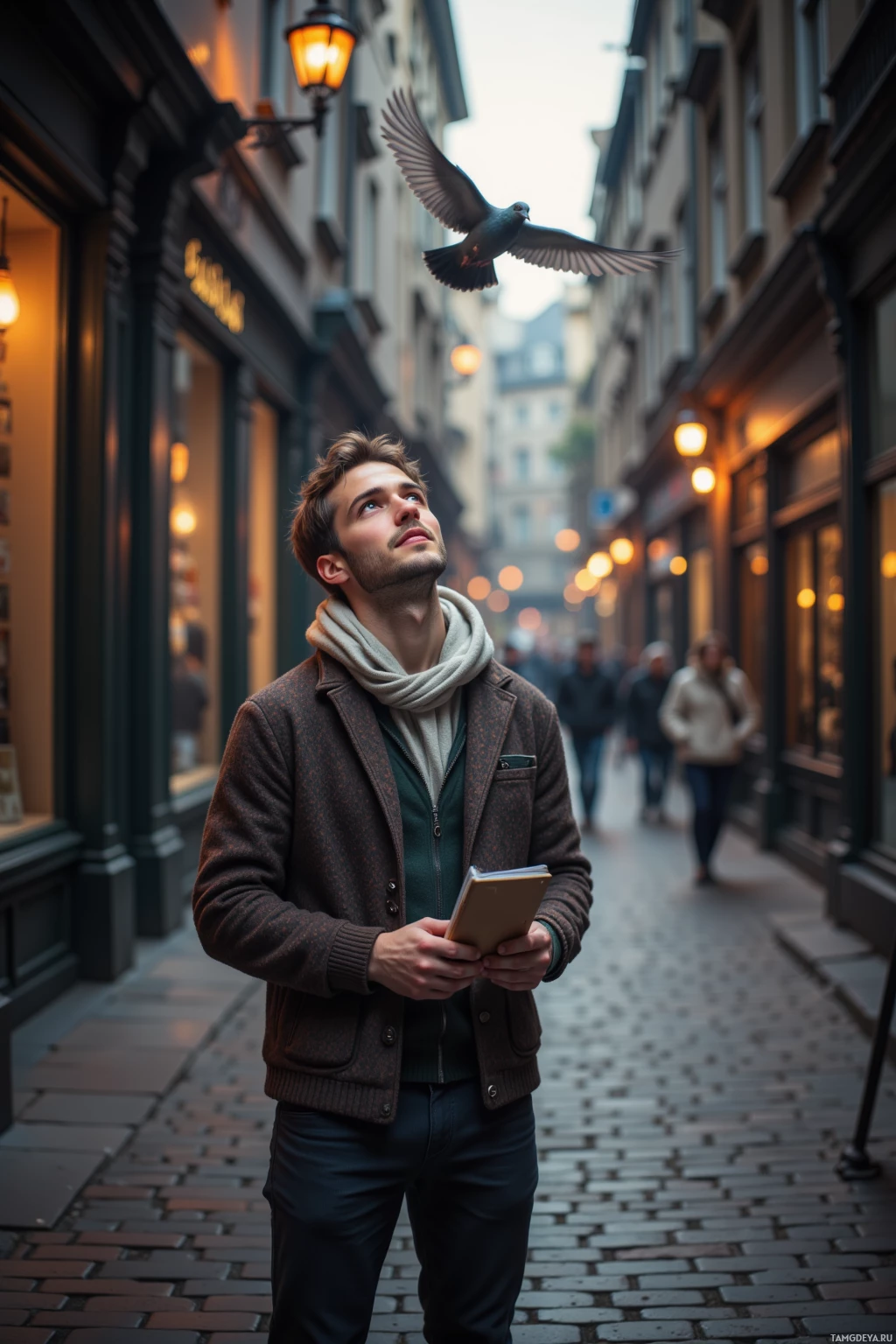 A man stands on a cobblestone street, holding a notebook, with a pigeon flying above him.