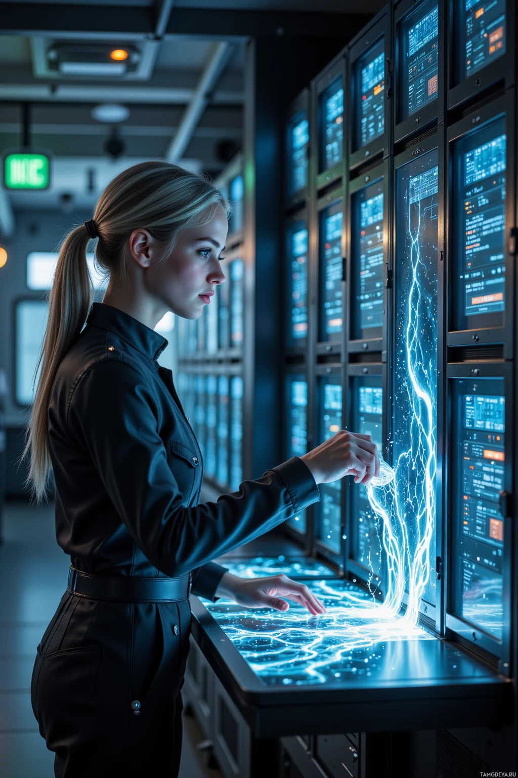 A woman interacts with a futuristic, glowing interface in a high-tech environment.