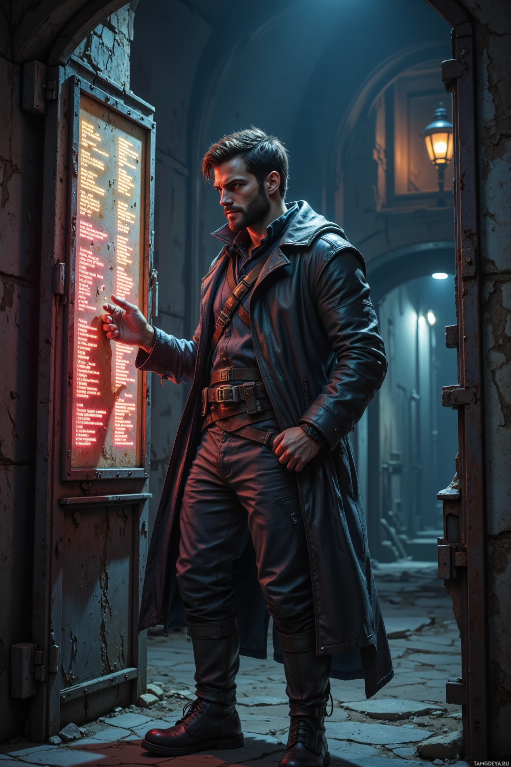 A man in a leather coat stands in a dimly lit, stone corridor, pointing at a noticeboard.