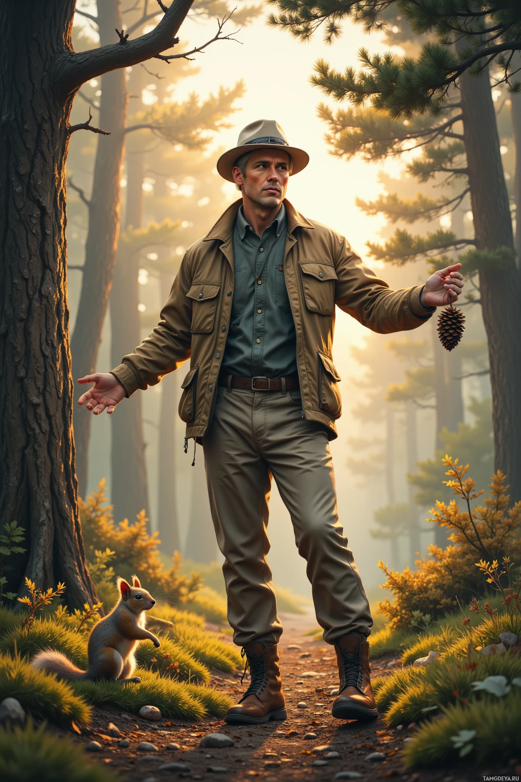A man in a forest holds a pinecone, with a squirrel nearby.