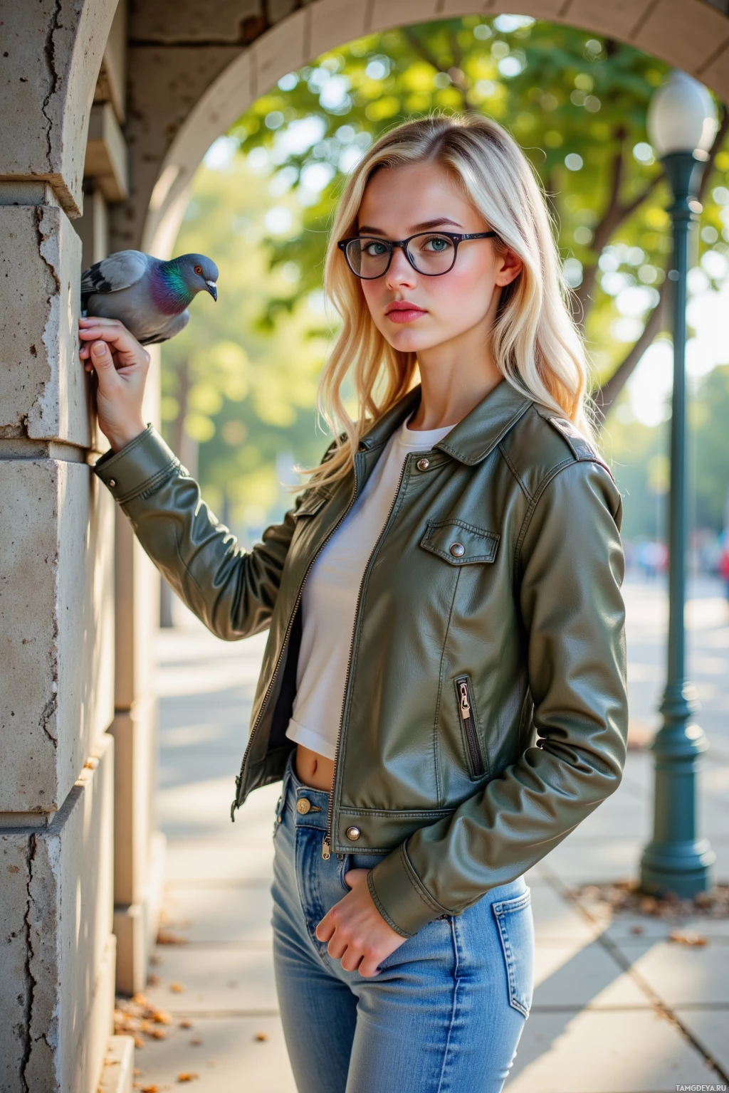 A person wearing a green jacket and jeans stands near a building with a pigeon perched on their hand.