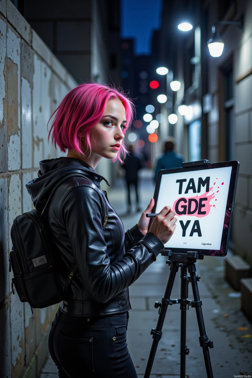 A person with pink hair stands on a city street at night, holding a sign with text.