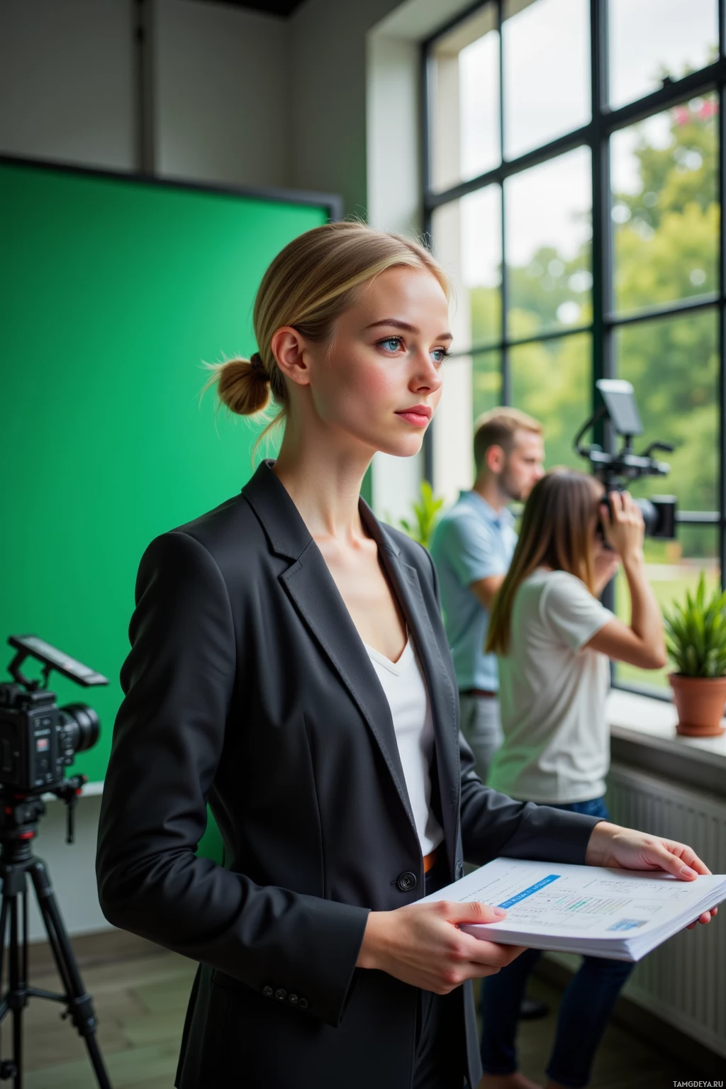 A woman in a suit holds a document, standing in front of a green screen with a camera crew in the background.