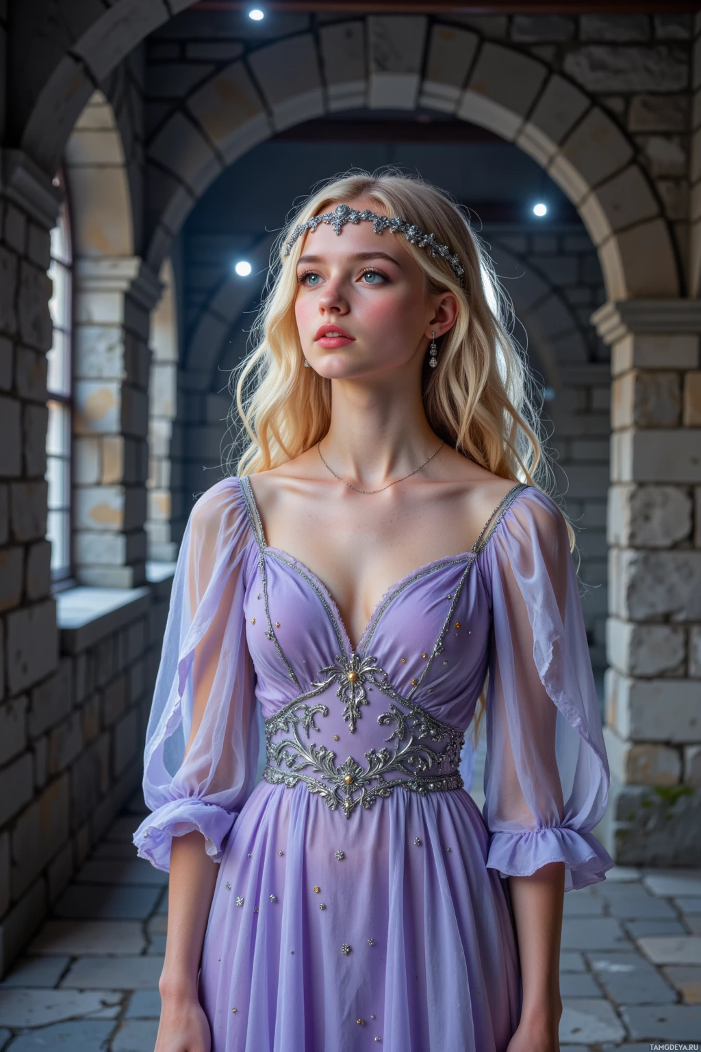 A woman in a lavender dress stands in an arched stone corridor.