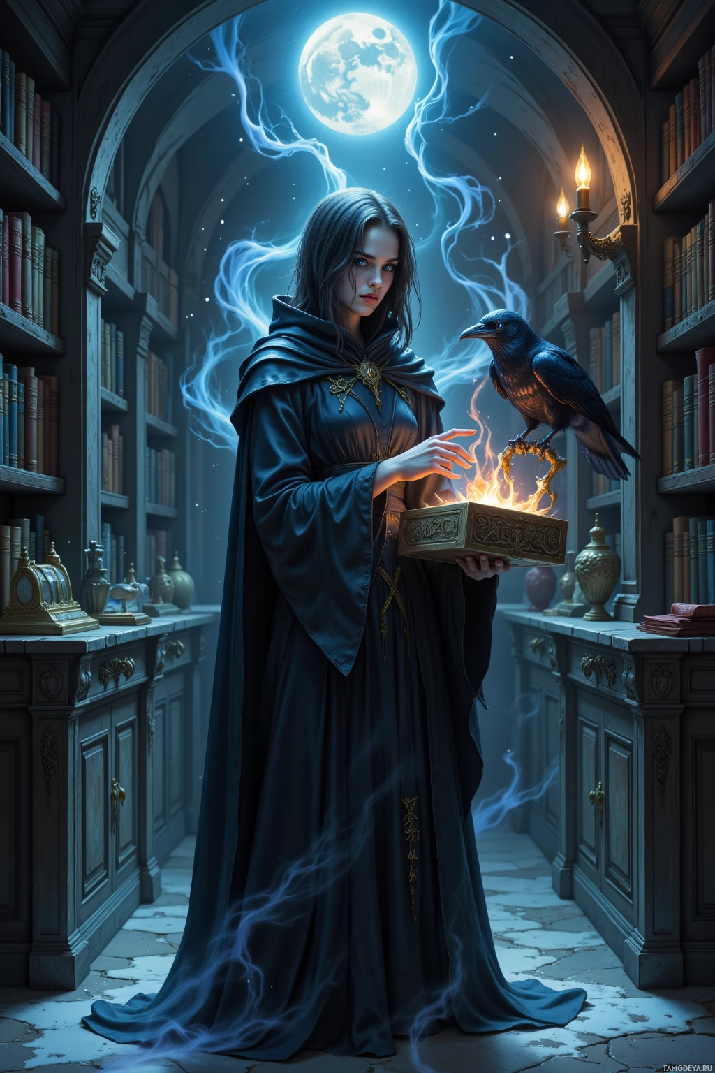 A woman in a dark robe stands in a library, holding a glowing box with a crow perched on her hand.