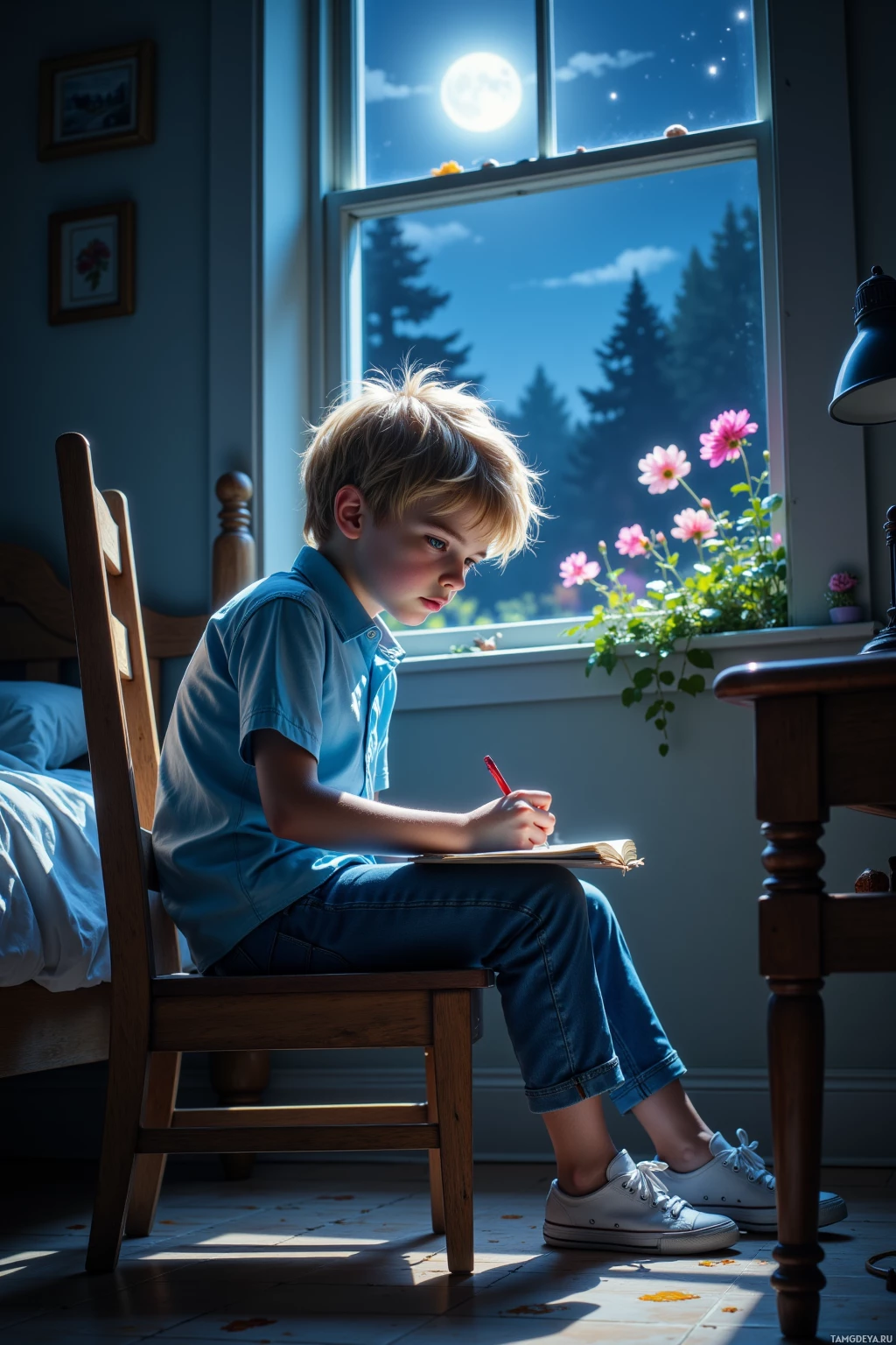 A young boy sits on a chair by a window, writing in a notebook.