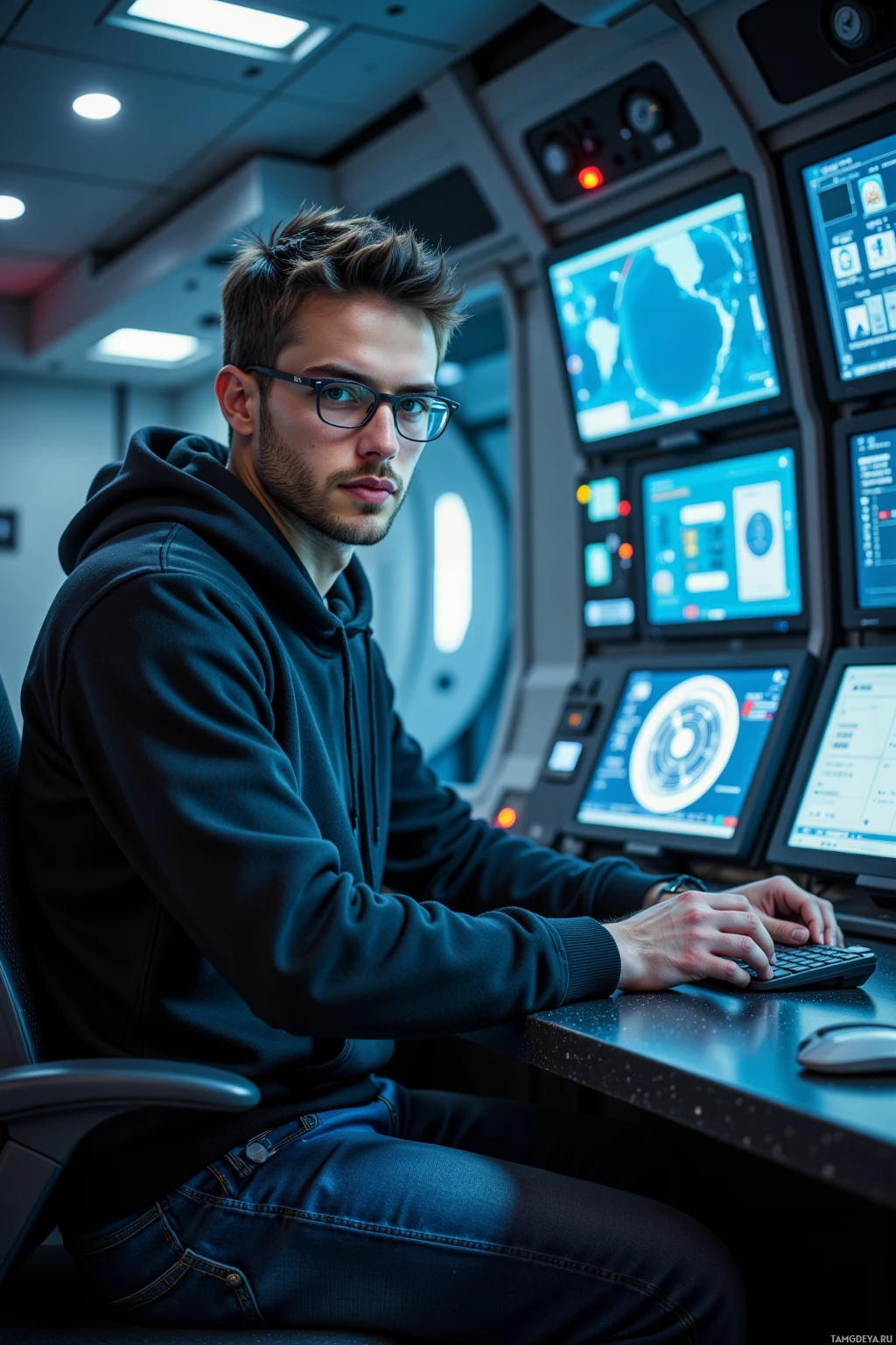 A person in a hoodie and jeans sits at a desk in a futuristic control room with multiple monitors displaying data.